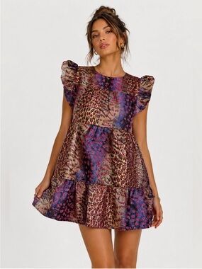 THML Metallic Wildcat Mini Flutter Sleeve Dress